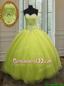 Excellent Yellow Green Column/Sheath Organza Sweetheart Sleeveless Beading and Belt Floor Length Lace Up Sweet 16 Dresses