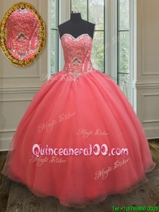 Discount Watermelon Red Organza Lace Up Sweetheart Sleeveless Floor Length Sweet 16 Dress Beading