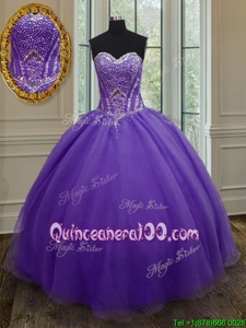 Cute Eggplant Purple Ball Gowns Organza Sweetheart Sleeveless Beading Floor Length Lace Up Ball Gown Prom Dress