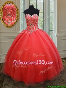 High Class Floor Length Coral Red Quinceanera Gown Sweetheart Sleeveless Lace Up