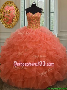 Glamorous Floor Length Ball Gowns Sleeveless Watermelon Red Sweet 16 Dress Lace Up