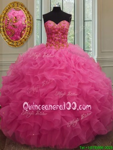 Nice Sleeveless Floor Length Beading and Ruffles Lace Up Ball Gown Prom Dress with Hot Pink