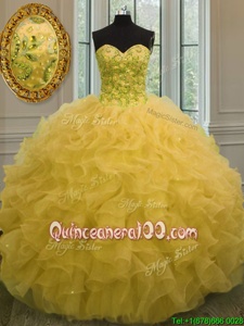 Customized Floor Length Lace Up Quinceanera Gown Gold and In forMilitary Ball and Sweet 16 and Quinceanera withBeading and Ruffles
