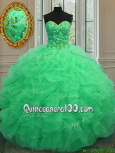 Amazing Sweetheart Sleeveless Vestidos de Quinceanera Floor Length Beading and Ruffles Green Organza
