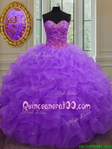 Attractive Sweetheart Sleeveless 15 Quinceanera Dress Floor Length Beading and Ruffles Purple Organza