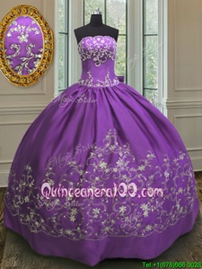 Fantastic Strapless Sleeveless Satin Quinceanera Gowns Embroidery Lace Up