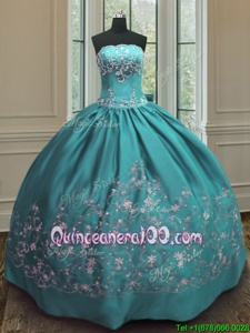 Glorious Strapless Sleeveless Lace Up 15 Quinceanera Dress Teal Satin