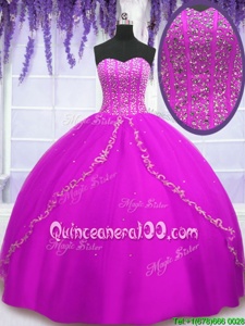 Top Selling Fuchsia Sweetheart Neckline Beading Quince Ball Gowns Sleeveless Lace Up
