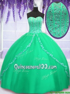 Luxury Green Tulle Lace Up Sweetheart Sleeveless Floor Length Sweet 16 Dress Beading and Sequins