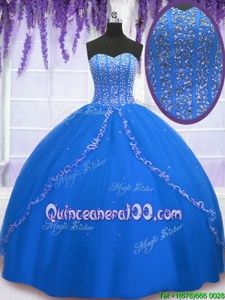 Sleeveless Floor Length Beading and Sequins Lace Up Quince Ball Gowns with Royal Blue