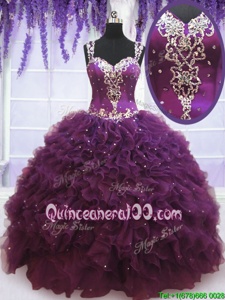 Amazing Floor Length Purple Quinceanera Dresses Straps Sleeveless Zipper