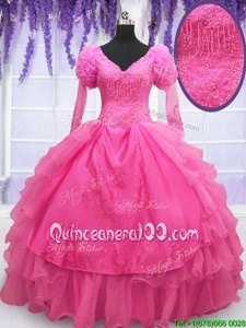 Stylish Organza V-neck Long Sleeves Lace Up Beading and Embroidery and Hand Made Flower Sweet 16 Dress inHot Pink