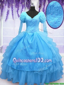 Exquisite V-neck Long Sleeves Lace Up Quinceanera Gown Baby Blue Organza