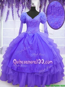 Sumptuous Purple Ball Gowns V-neck Long Sleeves Organza Floor Length Lace Up Beading and Embroidery and Hand Made Flower 15 Quinceanera Dress