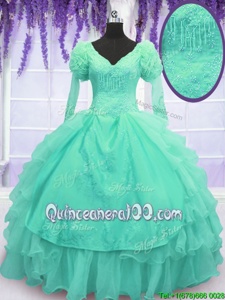 Ideal V-neck Long Sleeves Lace Up Sweet 16 Dress Turquoise Organza