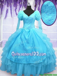 Excellent Long Sleeves Floor Length Lace Up Sweet 16 Quinceanera Dress Baby Blue and In forMilitary Ball and Sweet 16 and Quinceanera withEmbroidery