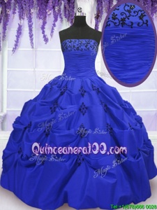 Fitting Royal Blue Ball Gowns Taffeta Strapless Sleeveless Embroidery and Pick Ups Floor Length Lace Up Quince Ball Gowns