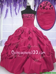Cheap Hot Pink Ball Gowns Strapless Sleeveless Taffeta Floor Length Lace Up Embroidery and Pick Ups Sweet 16 Dress
