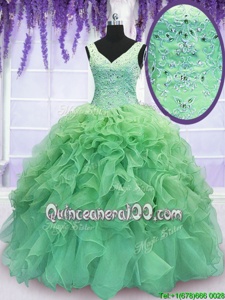 Hot Selling Sleeveless Organza Floor Length Lace Up Quinceanera Gowns inSpring Green forSpring and Summer and Fall and Winter withBeading and Ruffles