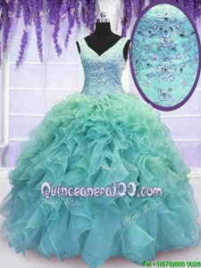 Sleeveless Floor Length Beading and Embroidery and Ruffles Lace Up Quinceanera Dress with Blue