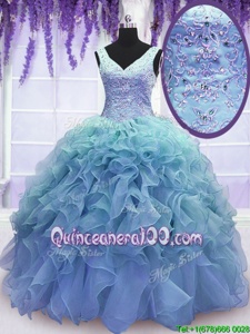 Fancy Blue V-neck Neckline Beading and Embroidery and Ruffles Sweet 16 Quinceanera Dress Sleeveless Lace Up