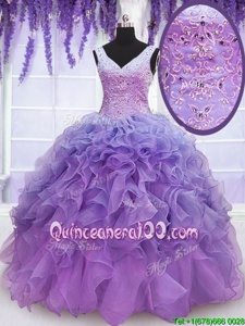 Captivating Sleeveless Floor Length Beading and Embroidery and Ruffles Lace Up Quinceanera Gown with Lavender