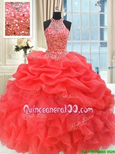 Best Pick Ups Ball Gowns 15th Birthday Dress Coral Red High-neck Organza Sleeveless Floor Length Lace Up