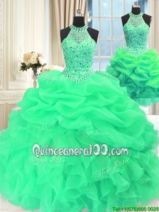 Beautiful Three Piece Sleeveless Organza Floor Length Lace Up Quinceanera Gown inGreen forSpring and Summer and Fall and Winter withBeading and Pick Ups