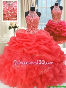 Noble Three Piece Watermelon Red High-neck Neckline Beading and Pick Ups Vestidos de Quinceanera Sleeveless Lace Up