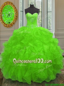 Super Spring Green Organza Lace Up Sweetheart Sleeveless Floor Length Ball Gown Prom Dress Beading and Embroidery and Ruffles