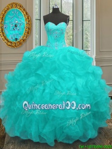 Sweet Aqua Blue Lace Up Quince Ball Gowns Beading and Embroidery and Ruffles Sleeveless Floor Length