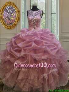 Stunning Lilac Ball Gowns Scoop Sleeveless Organza Floor Length Lace Up Beading and Ruffles and Pick Ups Quinceanera Gowns