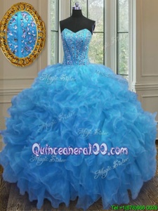 Fantastic Baby Blue Ball Gowns Beading and Ruffles 15th Birthday Dress Side Zipper Organza Sleeveless Floor Length