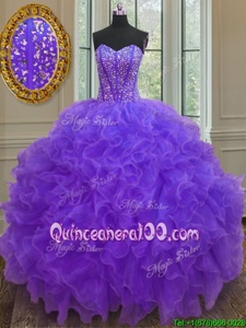 Chic Purple Ball Gowns Sweetheart Sleeveless Organza Floor Length Lace Up Beading and Ruffles Vestidos de Quinceanera