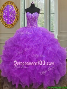 Popular Purple Lace Up Sweetheart Beading and Ruffles Quince Ball Gowns Organza Sleeveless