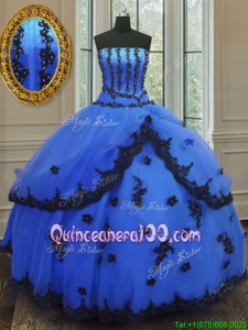 Stunning Floor Length Lace Up Sweet 16 Dress Blue and In forMilitary Ball and Sweet 16 and Quinceanera withAppliques