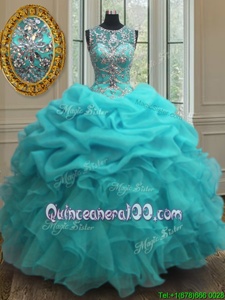 Custom Fit Scoop Sleeveless Floor Length Beading and Ruffles Lace Up Quinceanera Dresses with Baby Blue