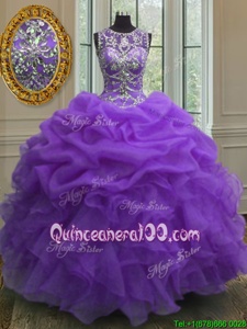 Custom Design Scoop Purple Sleeveless Beading and Ruffles and Pick Ups Floor Length Sweet 16 Dresses