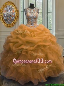 Vintage Orange Lace Up Scoop Beading and Ruffles and Pick Ups Quinceanera Gown Organza Sleeveless
