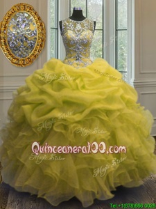Top Selling Scoop Beading and Ruffles and Pick Ups Quinceanera Gown Yellow Lace Up Sleeveless Floor Length