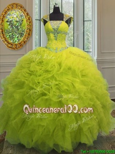 Spectacular Straps Straps Yellow Green Organza Lace Up 15 Quinceanera Dress Cap Sleeves Floor Length Beading and Ruffles and Sequins