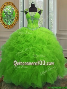 Exceptional Straps Straps Spring Green Lace Up Sweet 16 Dress Beading and Ruffles and Sequins Cap Sleeves Floor Length