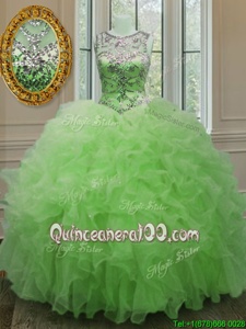 Latest Scoop Spring Green Sleeveless Beading and Ruffles Floor Length 15 Quinceanera Dress
