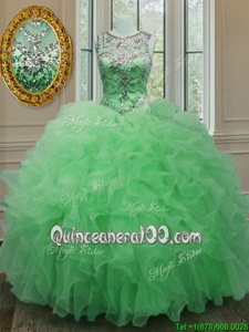 Adorable Organza Scoop Sleeveless Lace Up Beading and Ruffles Quinceanera Dress inGreen