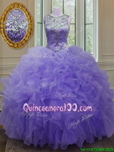 Vintage Lavender Organza Lace Up Scoop Sleeveless Floor Length Quince Ball Gowns Beading and Ruffles