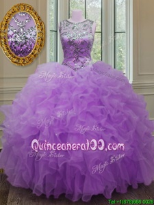 Lilac Lace Up Scoop Beading and Ruffles Sweet 16 Quinceanera Dress Organza Sleeveless
