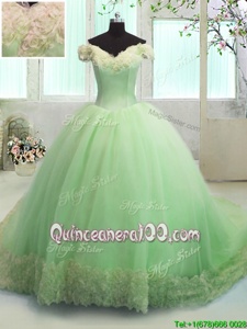 Great With Train Yellow Green 15th Birthday Dress Off The Shoulder Short Sleeves Court Train Lace Up