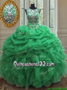 Cheap Spring Green Lace Up Scoop Beading and Ruffles and Pick Ups Quinceanera Gown Organza Sleeveless