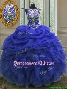 Beauteous Scoop Floor Length Royal Blue Quinceanera Dress Organza Sleeveless Spring and Summer and Fall and Winter Beading and Ruffles and Pick Ups