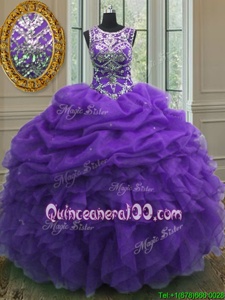 Delicate Purple Scoop Neckline Beading and Ruffles and Pick Ups Quinceanera Gown Sleeveless Lace Up